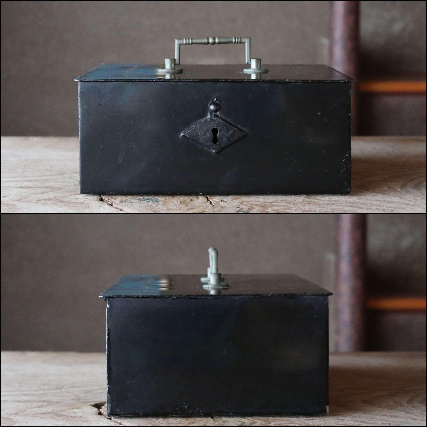 Ching ! Japanese vintage old metal Black cash box, iron cabinet, money box with arabesque painting, with a key 1900s H4.7×W10.6in/12x27cm