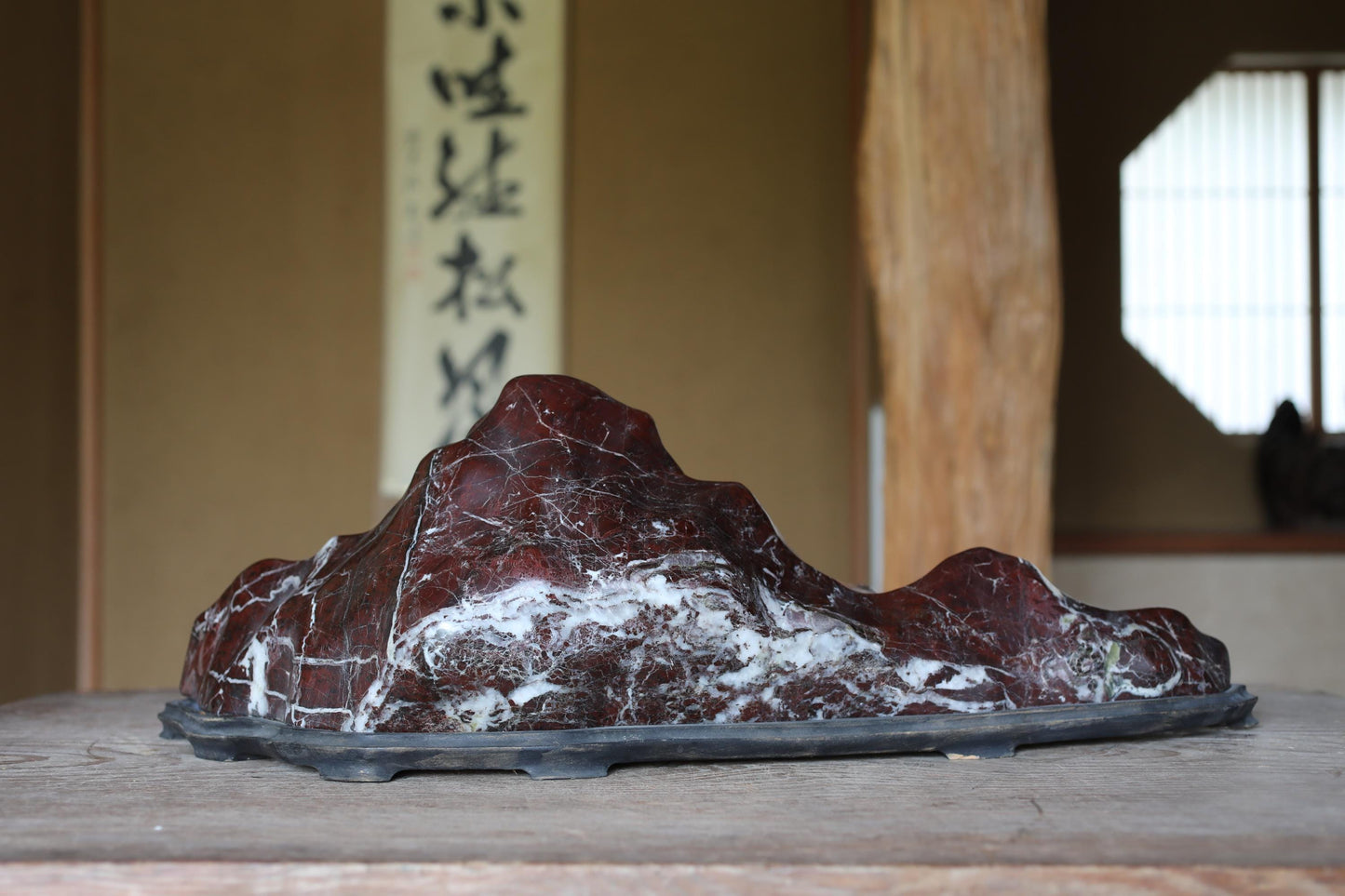 BIG! Japanese old "SUISEKI", scholars stone, indoor viewing stone, mountain shaped, with a hand carved pedestal,H7.9×W25in