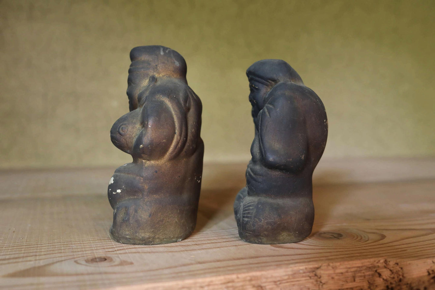 Japanese antique 1800s soot-stained pottery dolls of two gods, Ebisu and Daikoku, the Seven Lucky Gods, Edo handmade craft H6.5in/16.5cm