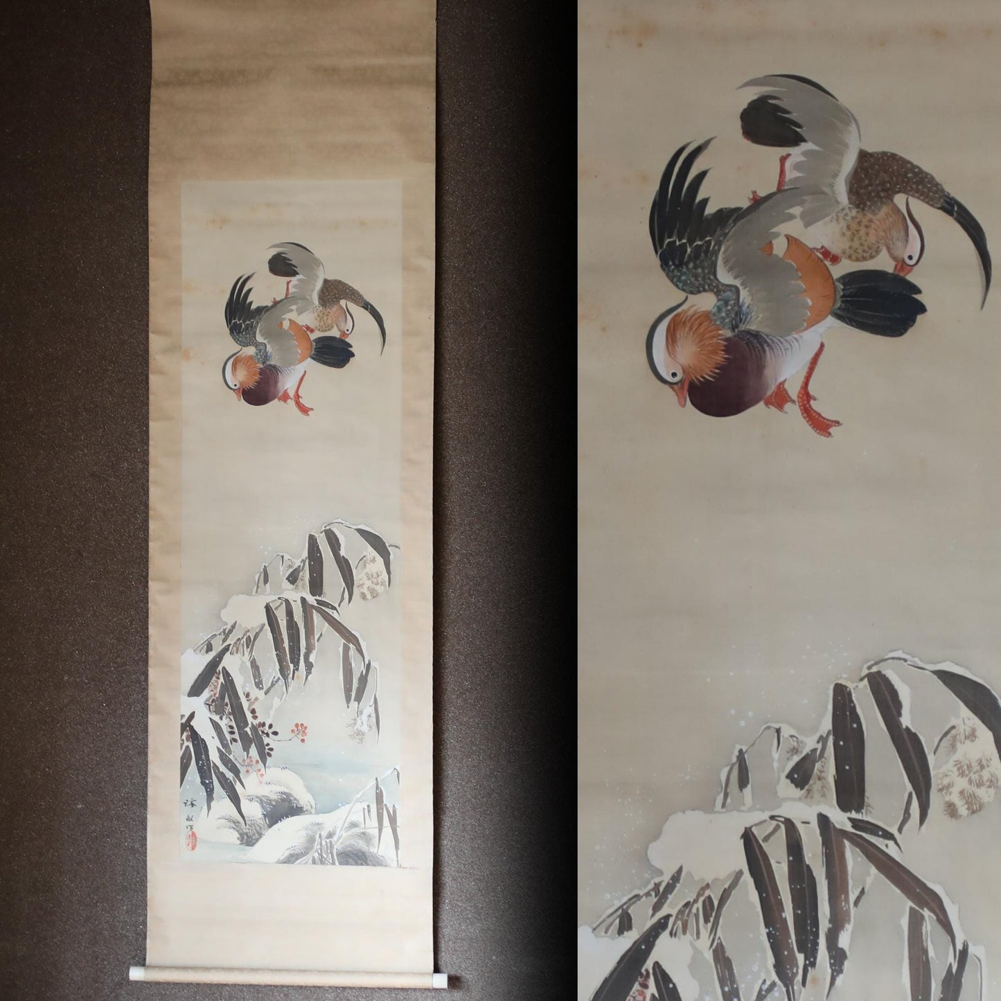 FINE! Japanese antique 1930s hanging scroll of water color painting by Keiho, pair of mandarin ducks bamboo leaves with sign H73.6in/H187cm