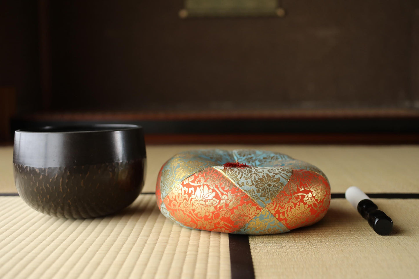 Large Japanese vintage Bronze buddhist chanting bell, Singing Bowl, ORIN from Buddhist temple with cushions stick W8.3in/W21cm
