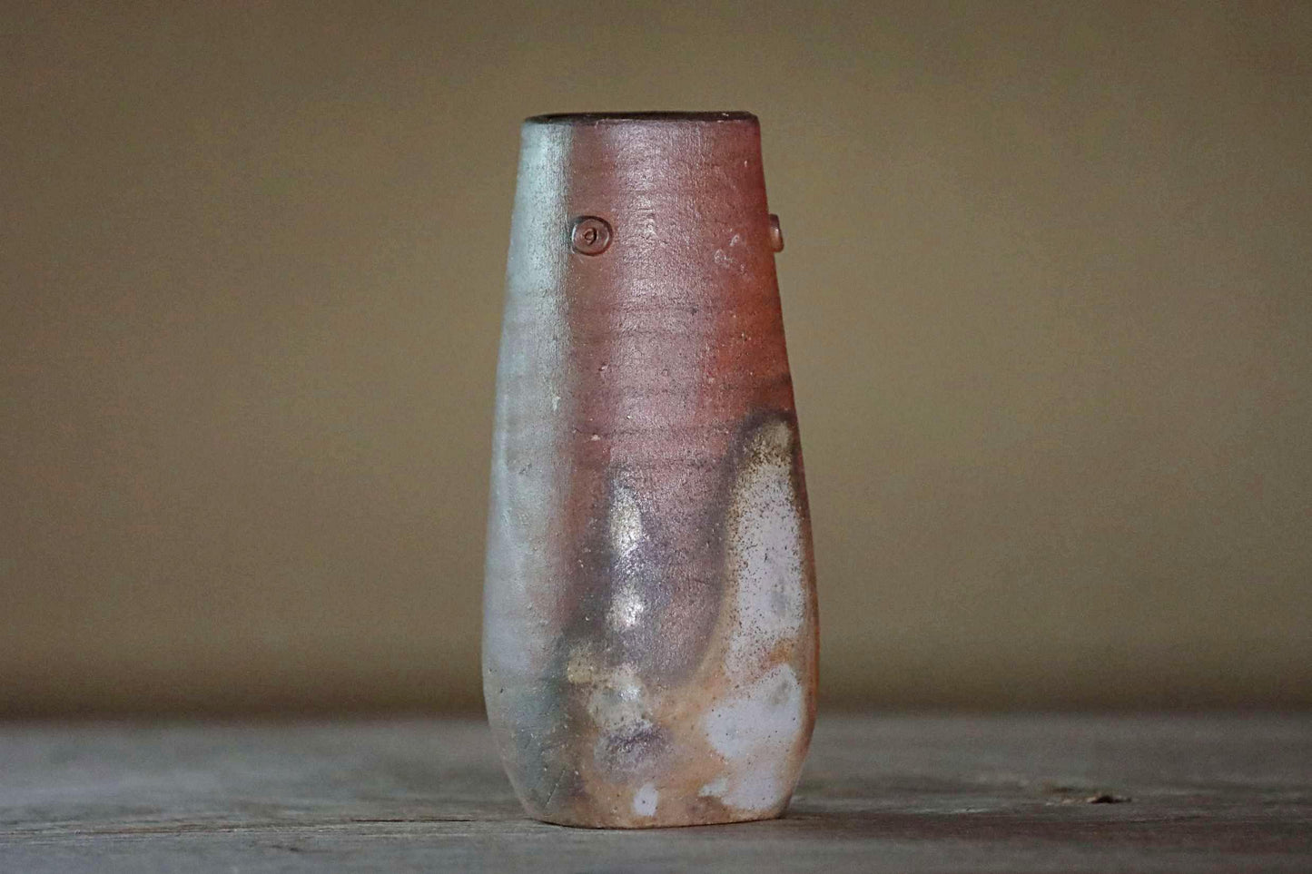 Japanese vintage vase "BIZEN ware" pottery flower vase, square tube shape with Kanji signed and wooden box For GIFT H7.4×3.3in/18.8x8.5cm