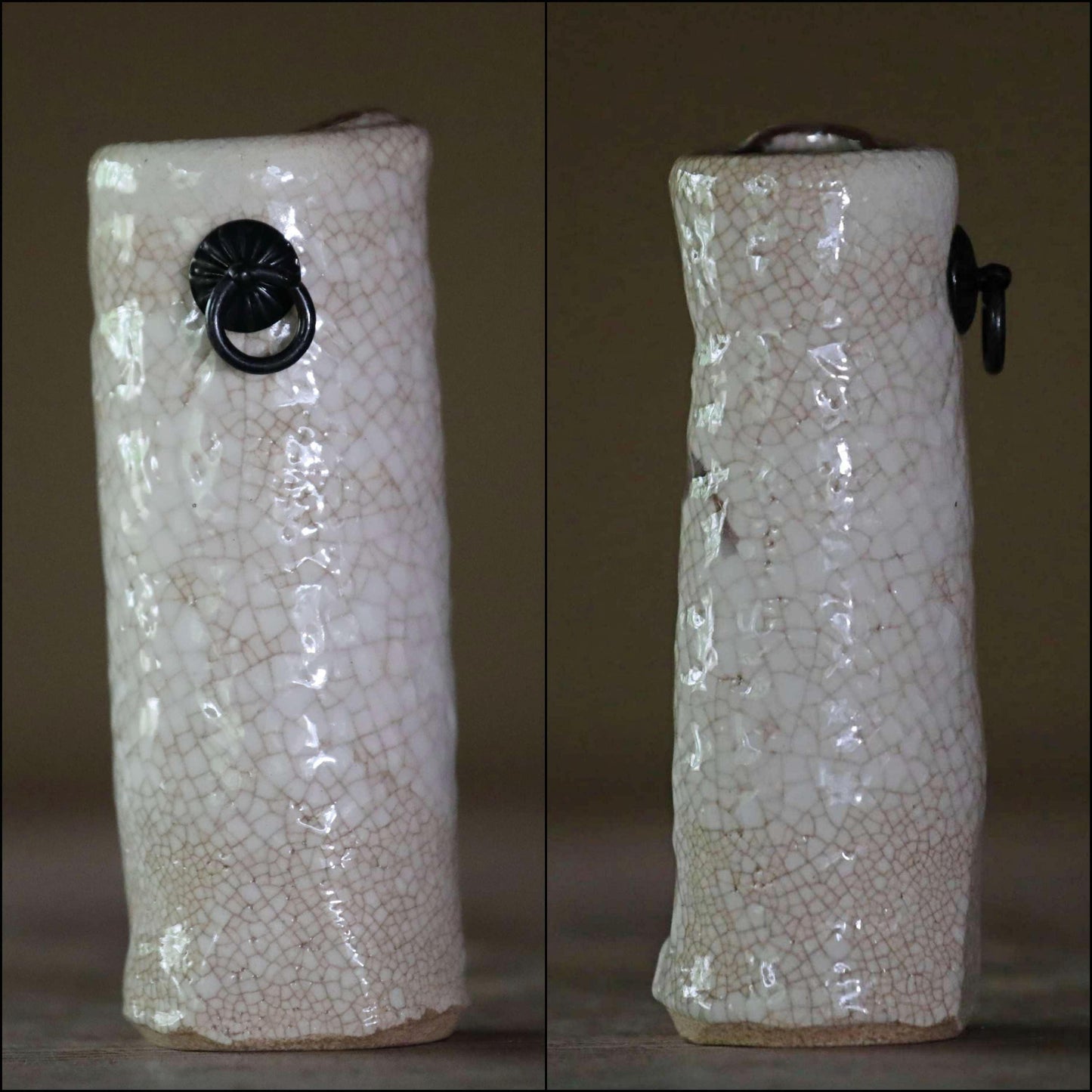 Japanese vintage hand made ceramic small jar flower vase Shino ware hanging vase name "Travel Pillow” with wood box H5.1in/H13cm