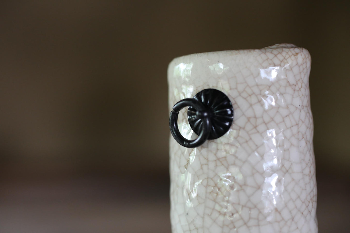 Japanese vintage hand made ceramic small jar flower vase Shino ware hanging vase name "Travel Pillow” with wood box H5.1in/H13cm