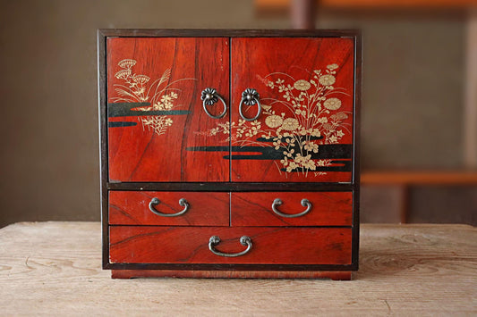 Japanese vintage furniture Small lacquer Chest of drawers "tansu" with Makie flower design box H11.8×W13.1×8.5in /H30×W33.3×21.5cm