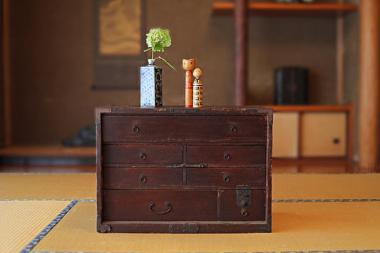 Japanese antique furniture wooden box Chest of Drawers "TANSU" cabinet 7 drawers Kanji signature 1800s Edo H17.9×W25×D14.8in