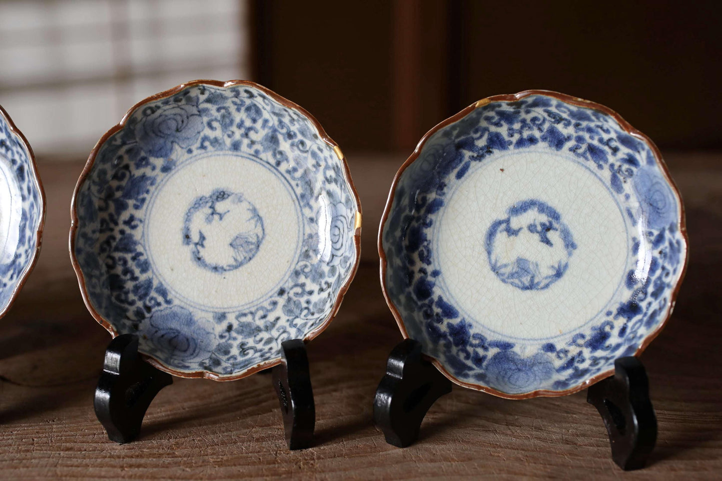 FINE! Japan antique 1800s IMARI set of 4 plates porcelain with flowers and arabesques Kanji kiln art hand paint Indigo Blue White Sometsuke