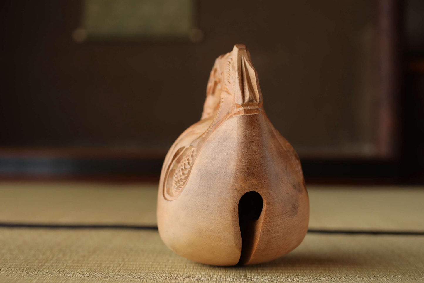 Wooden Fish drum gong"mokugyo" Buddhist instrument for sutra and meditation with stick, Japanese Antique Chanting Musical Drum H7.1in/H18cm