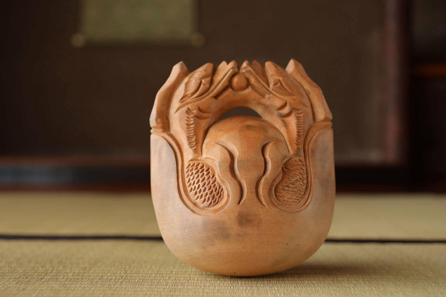 Wooden Fish drum gong"mokugyo" Buddhist instrument for sutra and meditation with stick, Japanese Antique Chanting Musical Drum H7.1in/H18cm