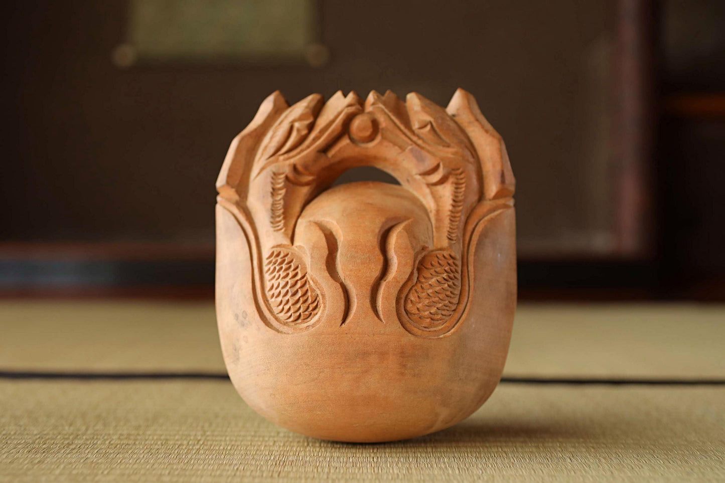 Wooden Fish drum gong"mokugyo" Buddhist instrument for sutra and meditation with stick, Japanese Antique Chanting Musical Drum H7.1in/H18cm