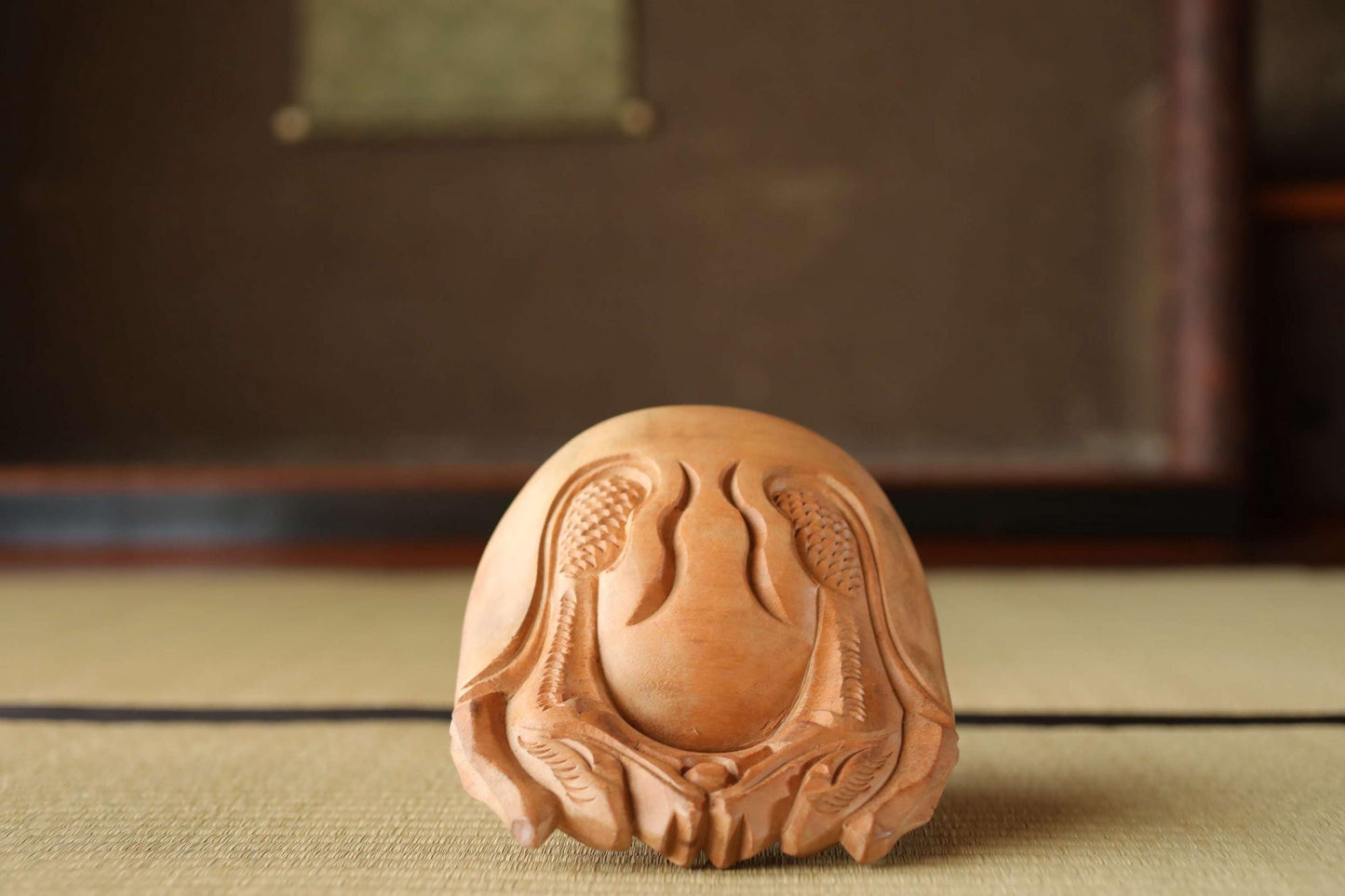 Wooden Fish drum gong"mokugyo" Buddhist instrument for sutra and meditation with stick, Japanese Antique Chanting Musical Drum H7.1in/H18cm