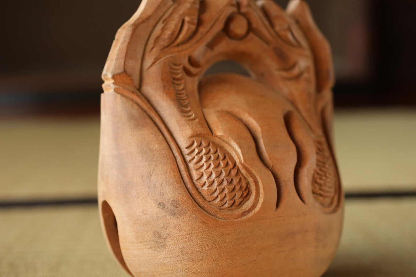 Wooden Fish drum gong"mokugyo" Buddhist instrument for sutra and meditation with stick, Japanese Antique Chanting Musical Drum H7.1in/H18cm