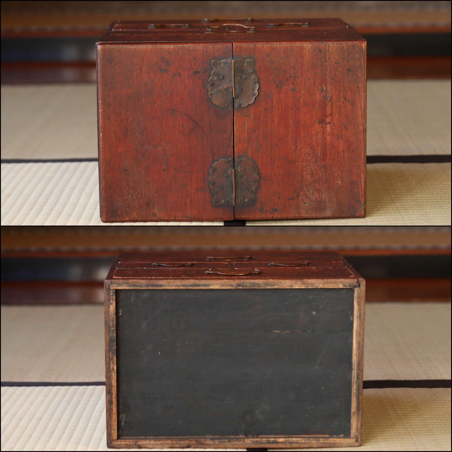 FINE! Japanese Antique furniture Small lacquer Chest of drawers reddish brown TANSU butterfly metal clasp H12.4×W13.5×9.1in/H31.5×34.3×23cm