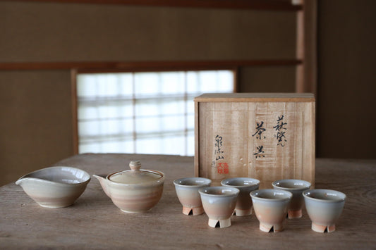 Japanese vintage HAGI ware ceramic kiln Perfect tea set, pot, 6cups, waste-water-container SENCHA tableware Tea ceremony For GIFT