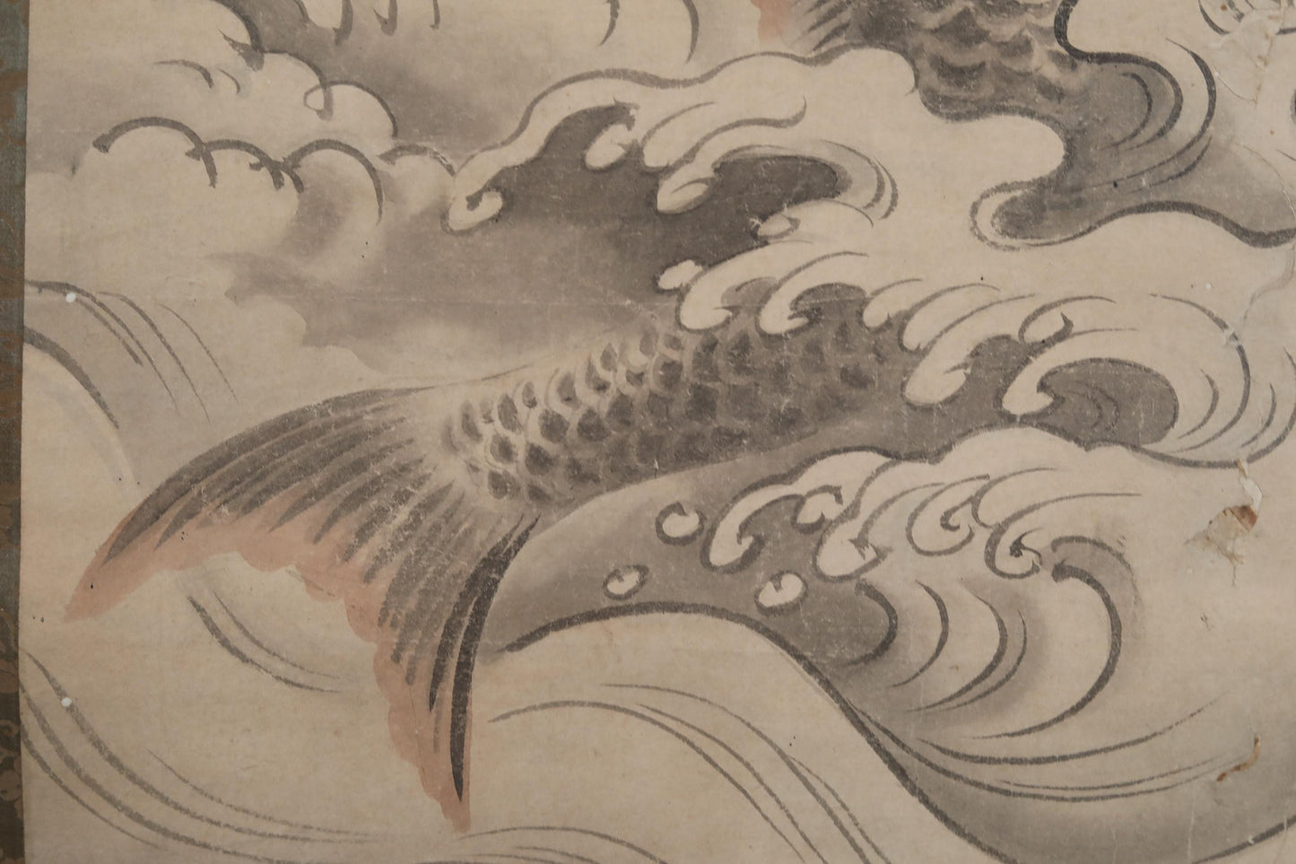 FINE! Japanese antique 1800s KANOU watercolor painting scroll fine painted carp freshwater on the river, KAKEJIKU with seal H68.5in/H174cm