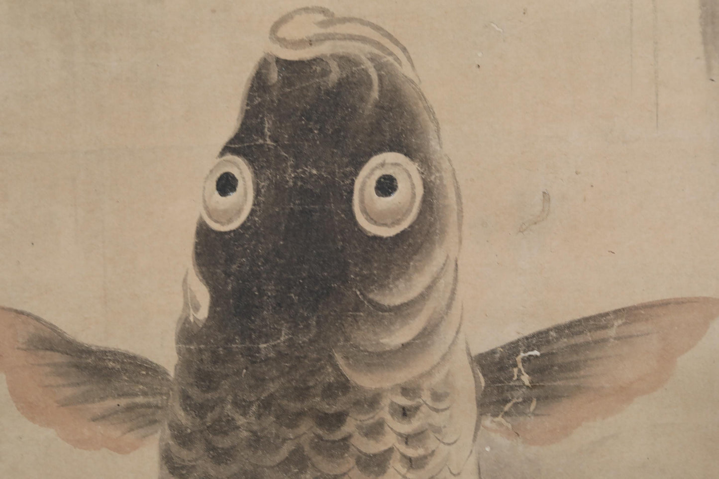 FINE! Japanese antique 1800s KANOU watercolor painting scroll fine painted carp freshwater on the river, KAKEJIKU with seal H68.5in/H174cm