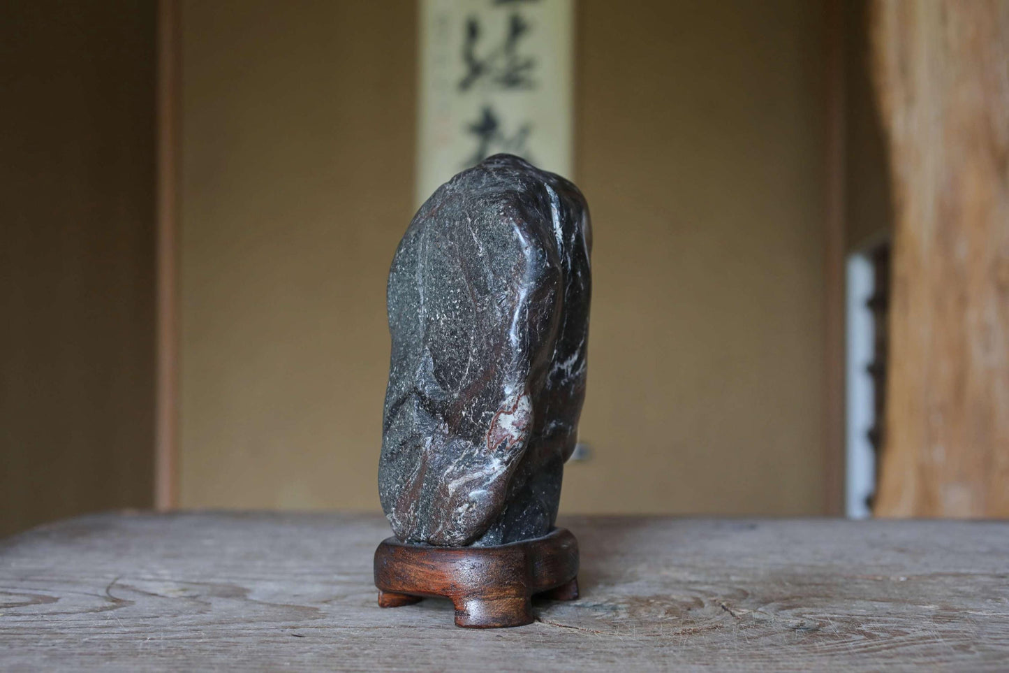 Japanese old "SUISEKI" scholars stone AMINISM, indoor viewing stone with a hand carved pedestal Power stone H7.9xW5.5xD3.5in/20x14x9cm