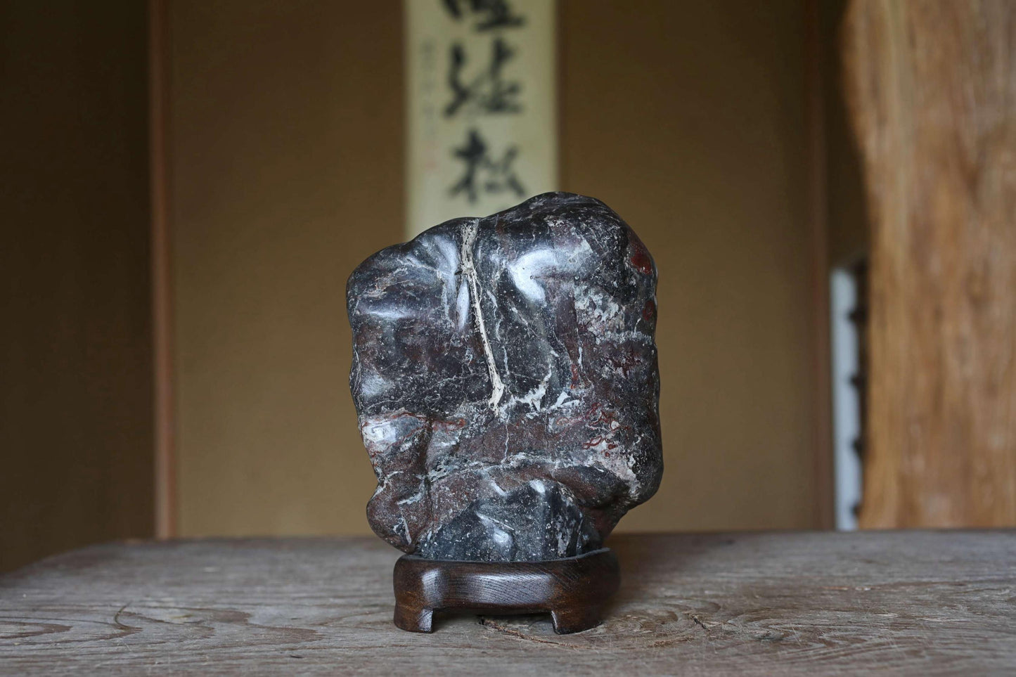 Japanese old "SUISEKI" scholars stone AMINISM, indoor viewing stone with a hand carved pedestal Power stone H7.9xW5.5xD3.5in/20x14x9cm