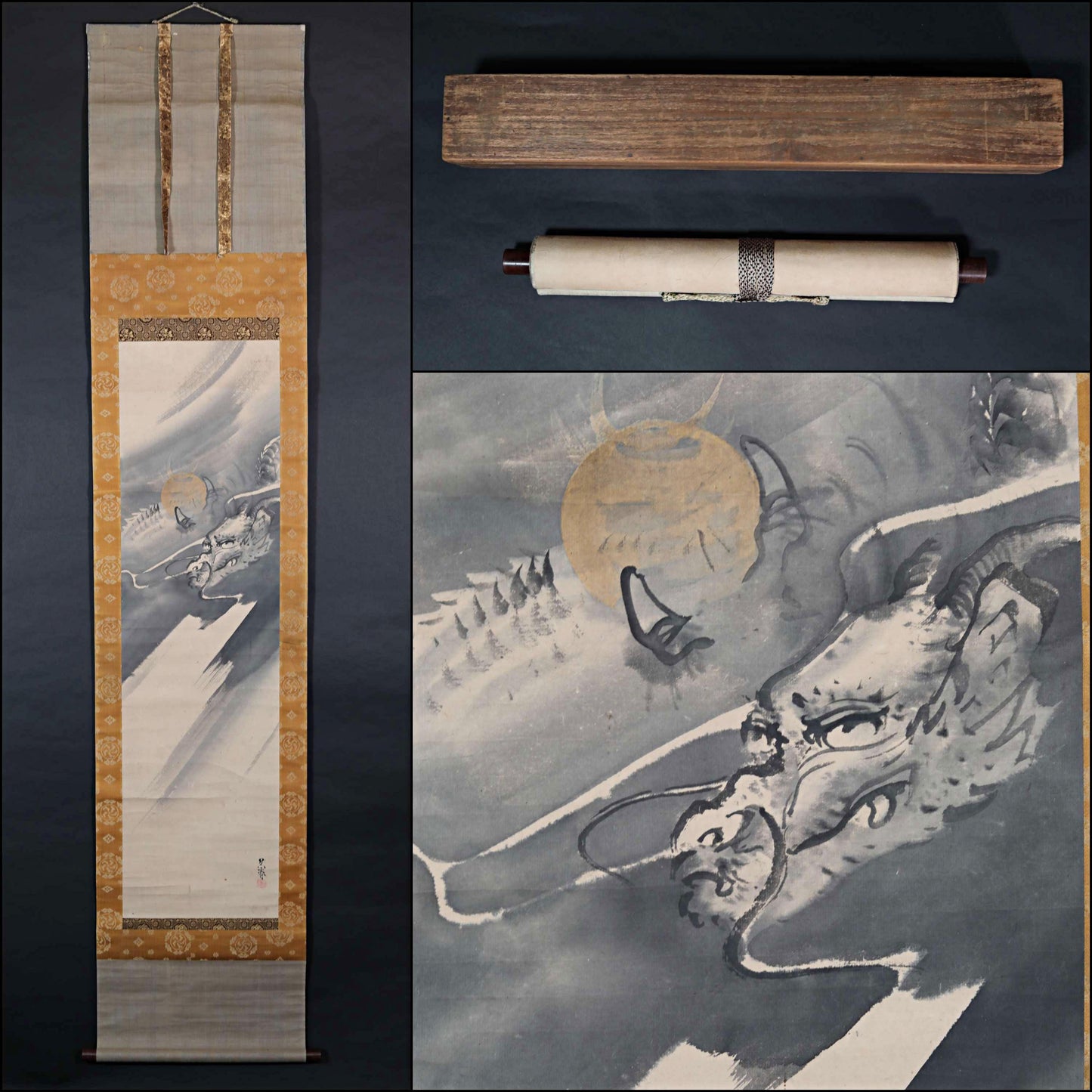 Japanese antique DRAGON ink brush painting hanging scroll by "呉春 Gosyun" ,KAKEJIKU with BOX 1700s Edo, signed H72in/183cm