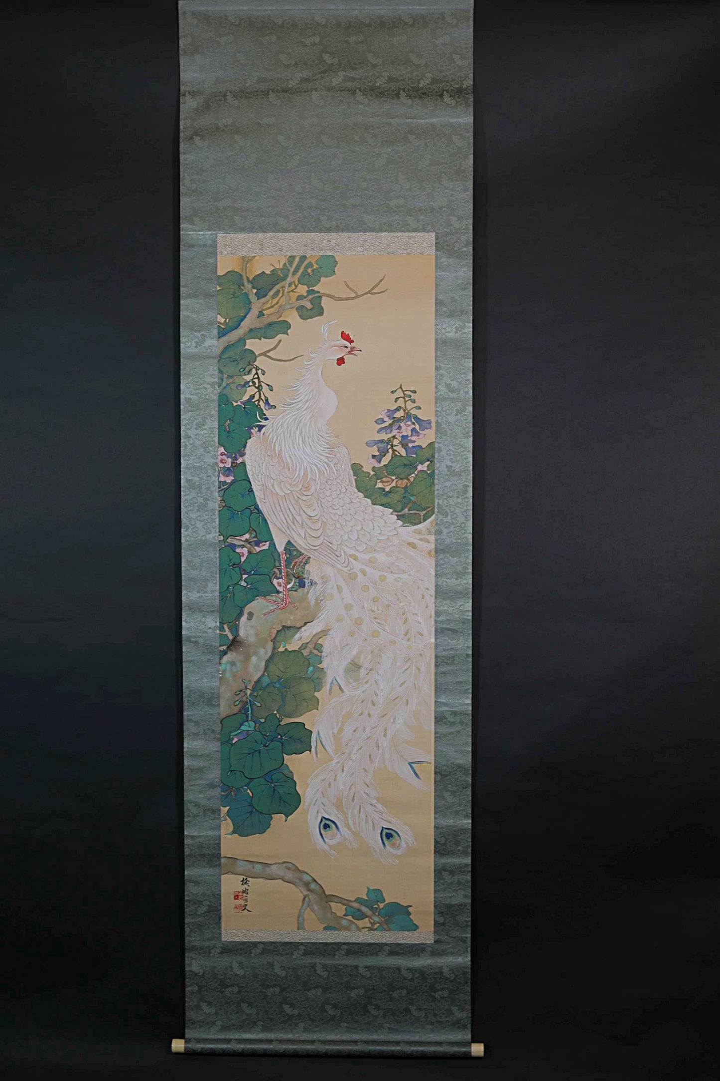 FINE! Japanese hanging scroll water color painting of beautiful phoenix on Paulownia flower with signature 池田 in 1920s Kakejiku H79in/201cm