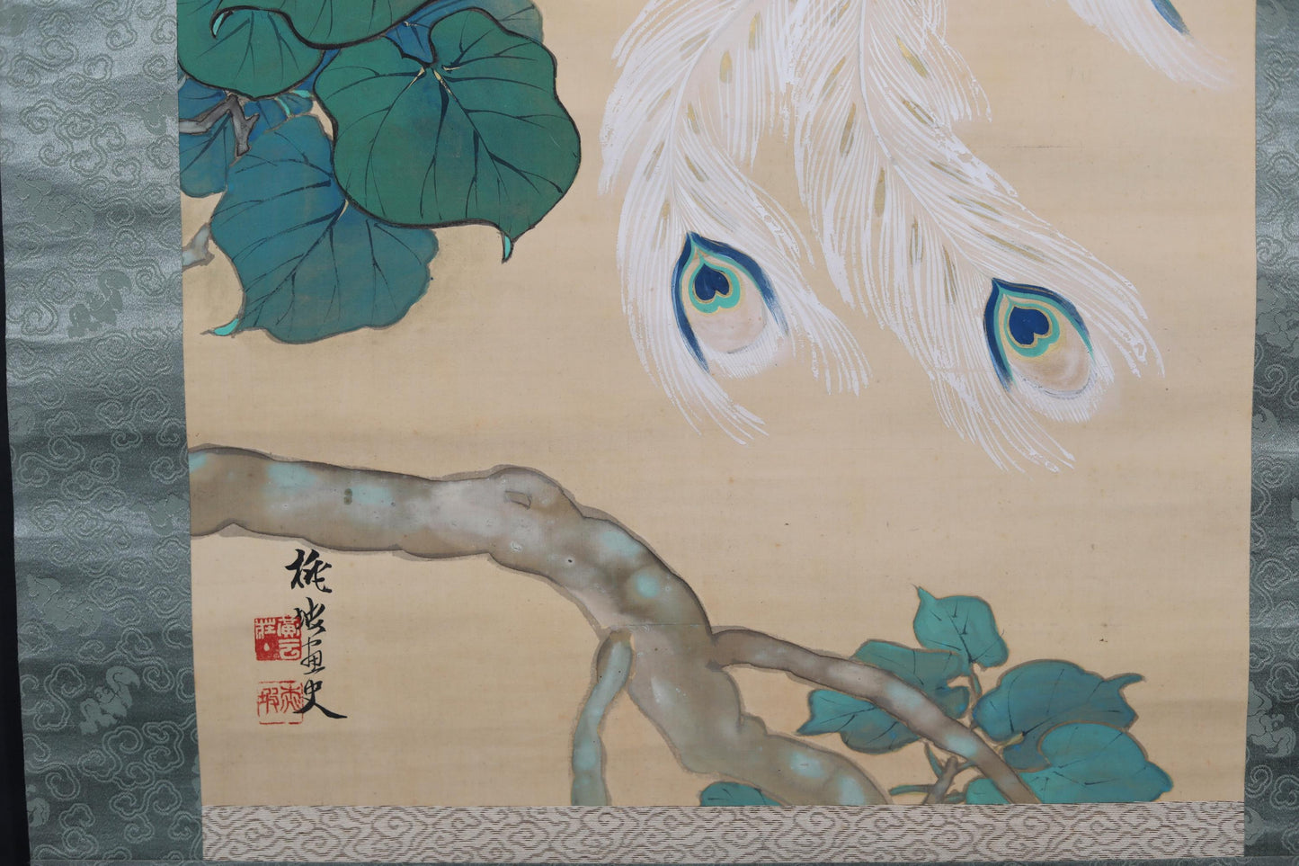 FINE! Japanese hanging scroll water color painting of beautiful phoenix on Paulownia flower with signature 池田 in 1920s Kakejiku H79in/201cm