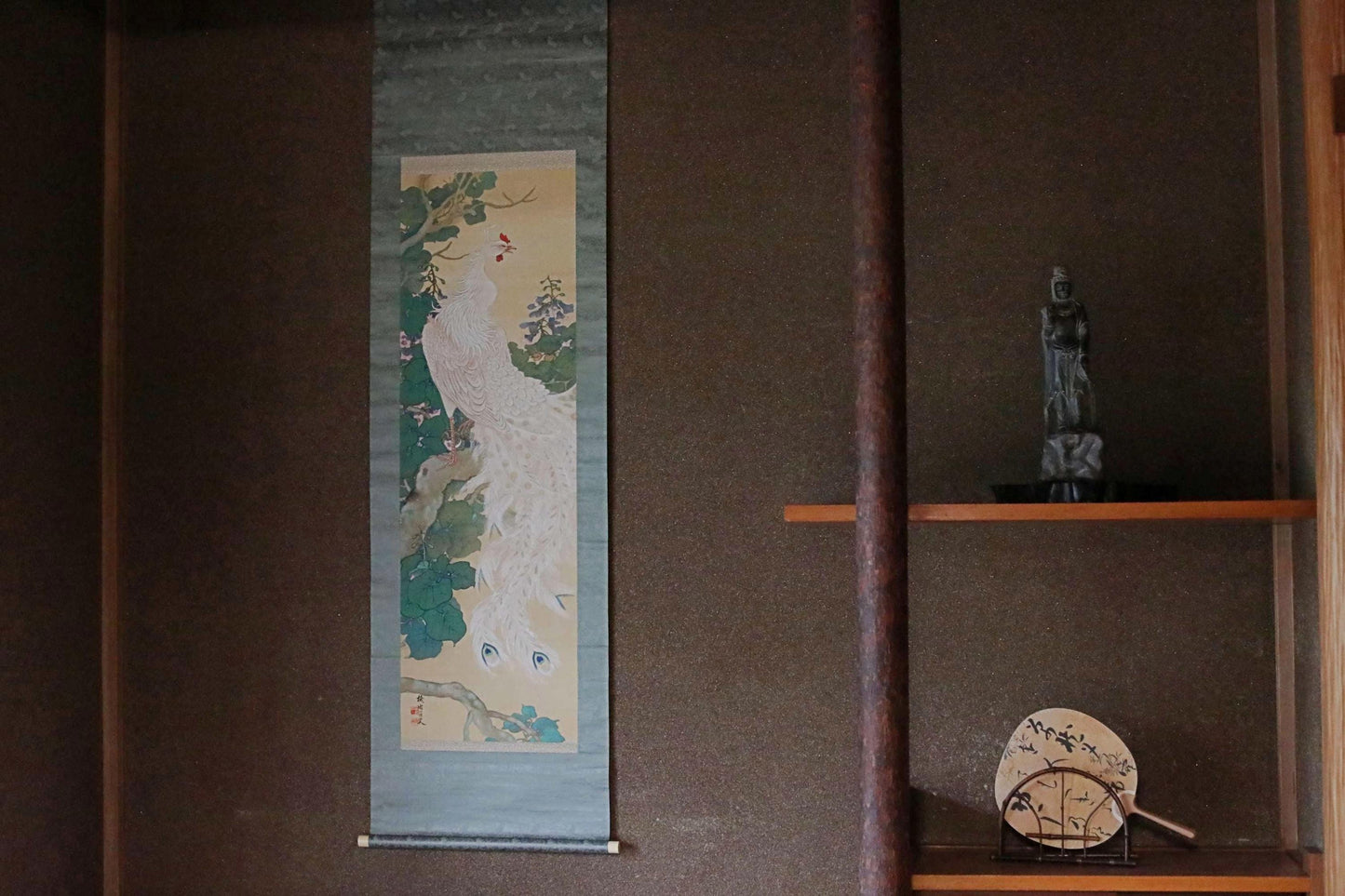 FINE! Japanese hanging scroll water color painting of beautiful phoenix on Paulownia flower with signature 池田 in 1920s Kakejiku H79in/201cm