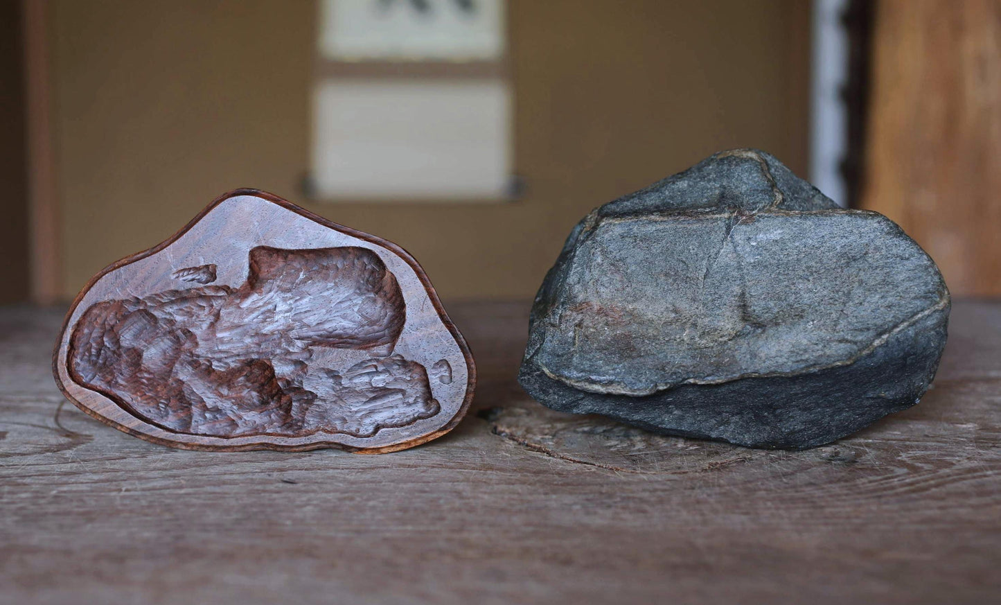 Japanese old "SUISEKI", scholars stone, indoor viewing stone, block shaped, with a hand carved pedestal Power stone H3.9xW6.3in/10x16cm