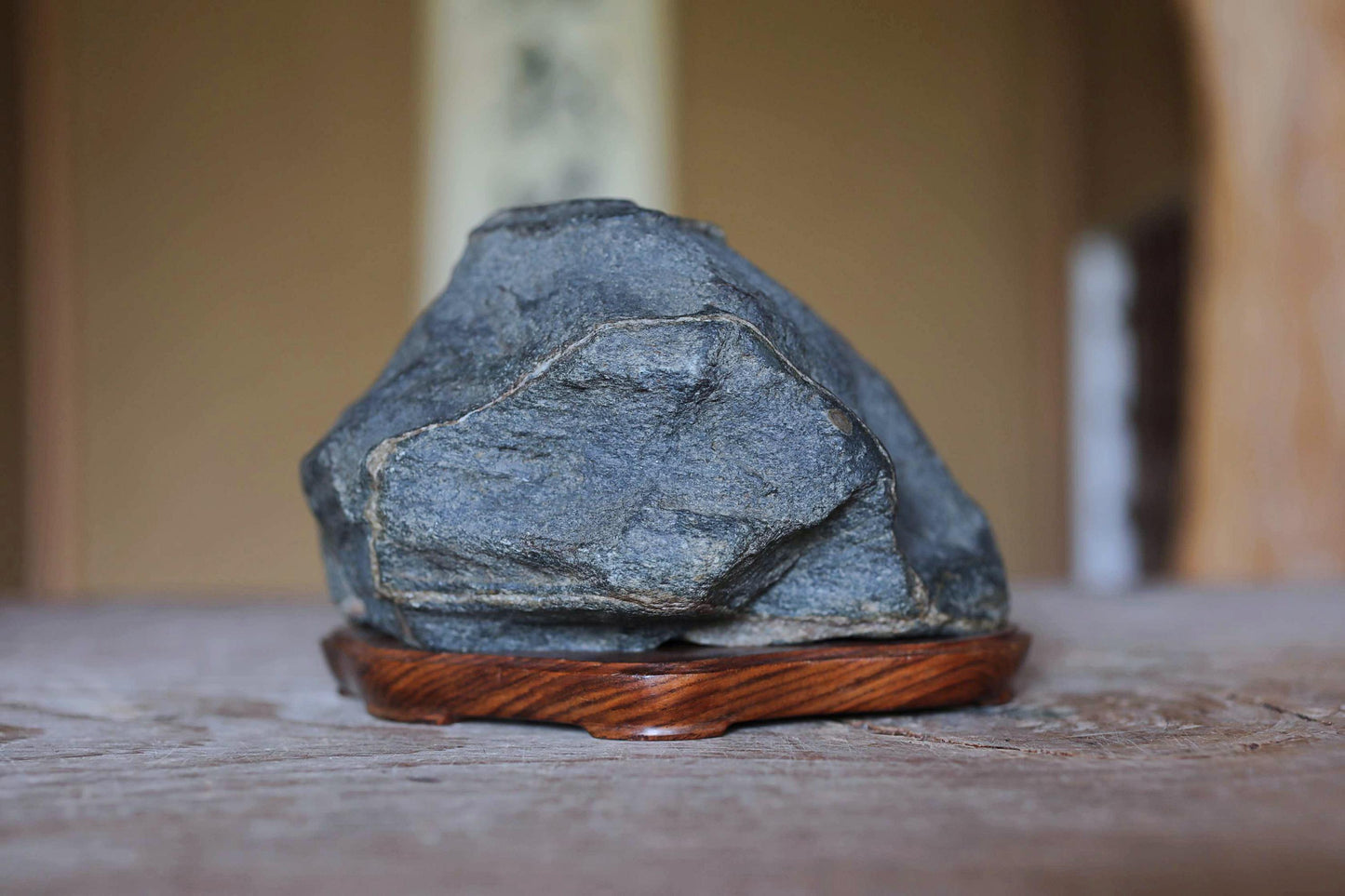 Japanese old "SUISEKI", scholars stone, indoor viewing stone, block shaped, with a hand carved pedestal Power stone H3.9xW6.3in/10x16cm