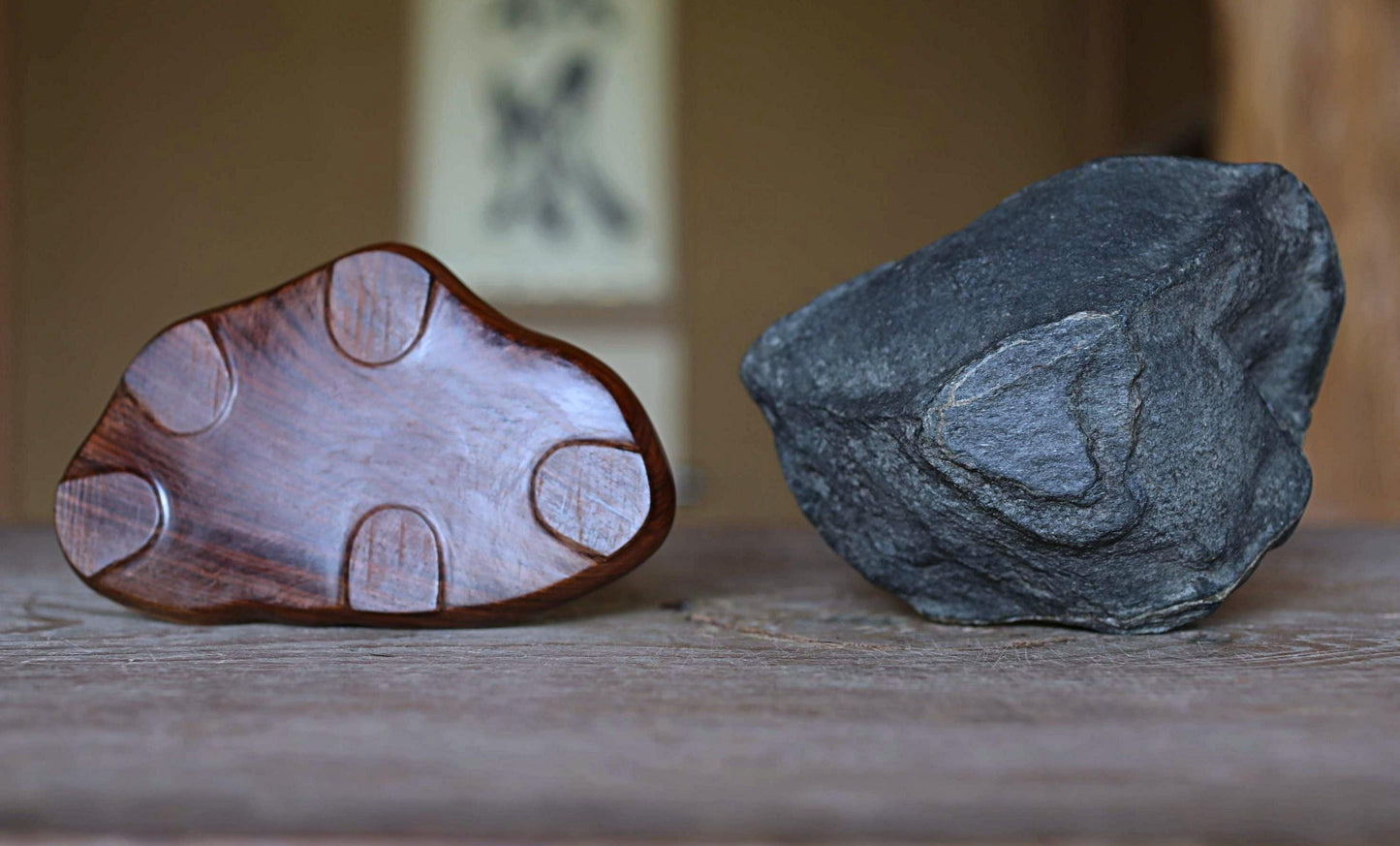 Japanese old "SUISEKI", scholars stone, indoor viewing stone, block shaped, with a hand carved pedestal Power stone H3.9xW6.3in/10x16cm