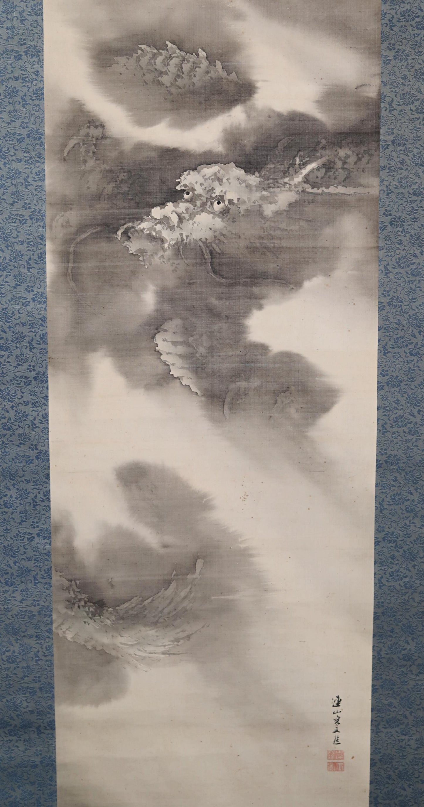 FINE! RARE! Japanese antique rising Dragon ink brush painting hanging scroll dragon and tiger by 岸連山 KAKEJIKU in Box 1830s Edo H74.8in/190cm