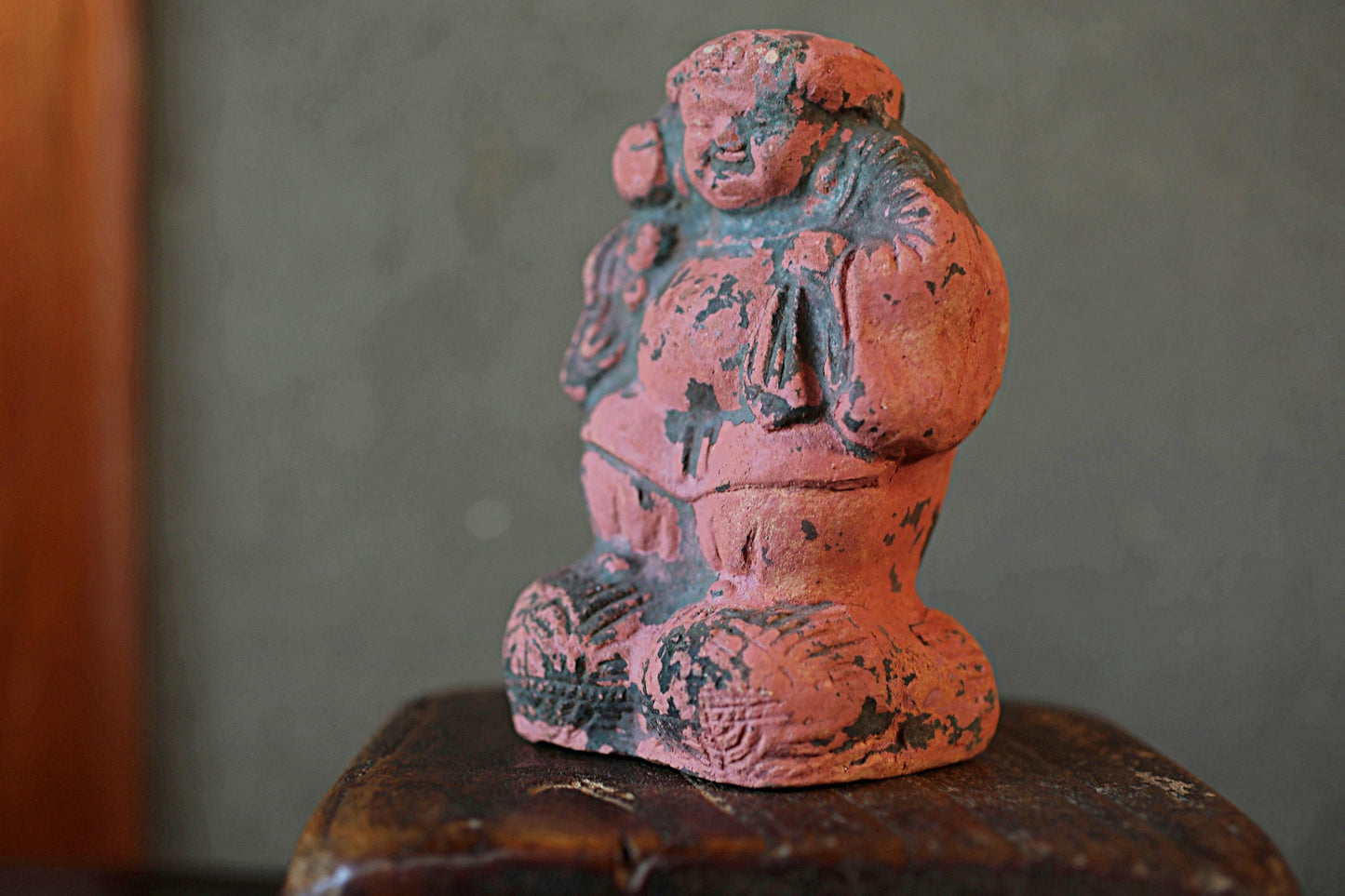 Japanese Antique god ornament Very old pottery pink god figurine name DAIKOKU doll from shinto shrine 1800s Edo period H5.9in/H15cm