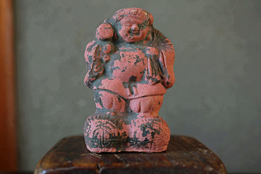 Japanese Antique god ornament Very old pottery pink god figurine name DAIKOKU doll from shinto shrine 1800s Edo period H5.9in/H15cm