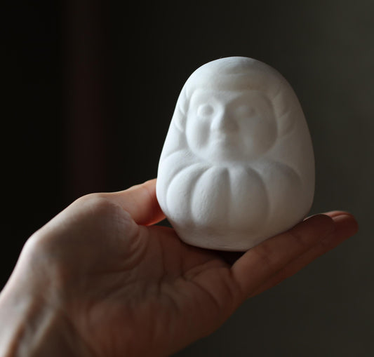 Japanese vintage "Daruma" doll pottery statue all white abstract ornament, ceramic savings box Buddhist monk priest ZEN master,H3.1in/H8cm