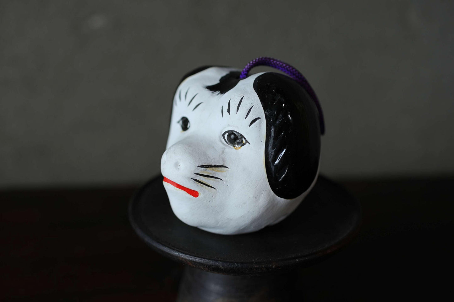 Japanese vintage old pottery bell traditional folk toys dog-shaped doll ornament with Kanji H2.8in/H7cm