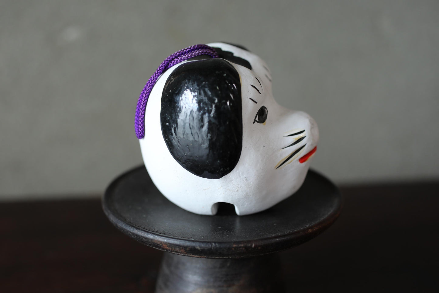 Japanese vintage old pottery bell traditional folk toys dog-shaped doll ornament with Kanji H2.8in/H7cm