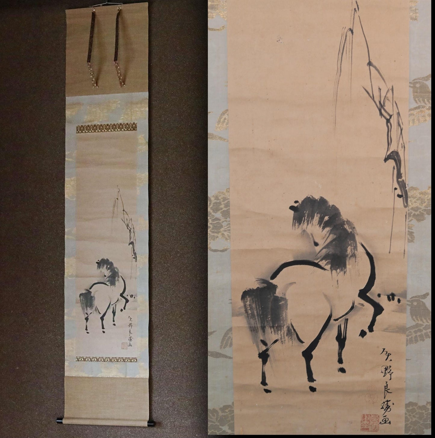 FINE! Japanese antique 1790s hanging scroll KAKEJIKU "horses, willow tree" ink painting by 矢野良勝 signed with box, EDO art H69.7in/H177cm