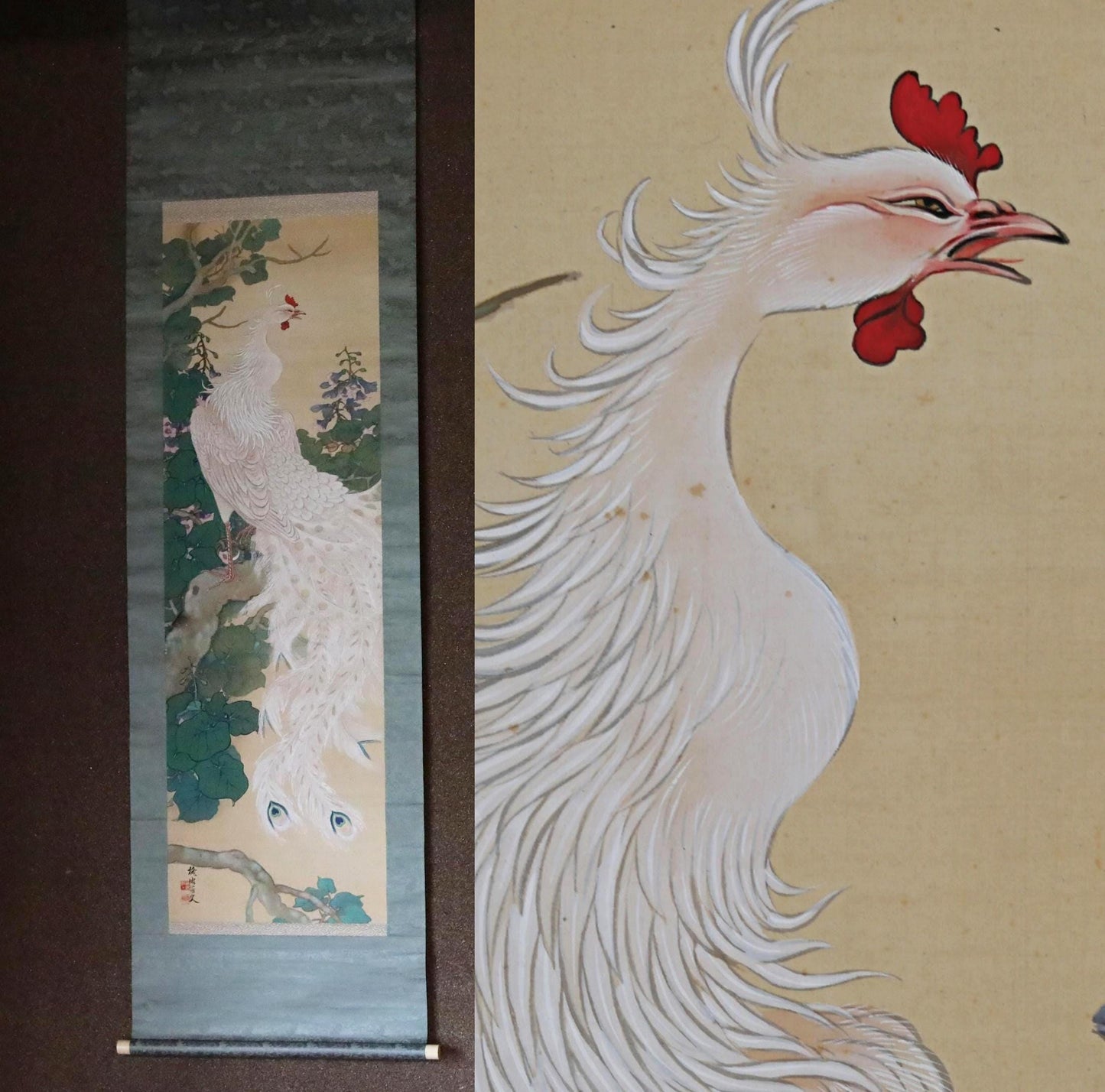 FINE! Japanese hanging scroll water color painting of beautiful phoenix on Paulownia flower with signature 池田 in 1920s Kakejiku H79in/201cm