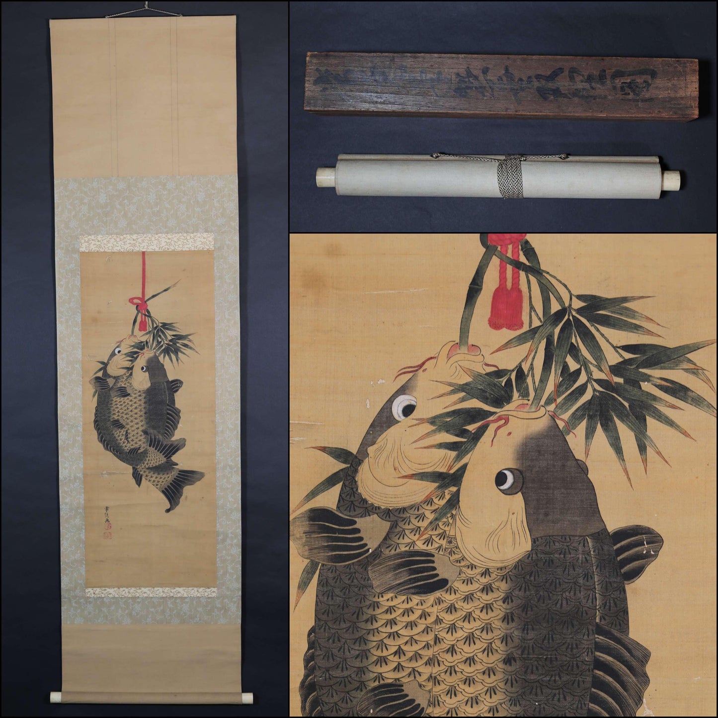 FINE! Japanese antique 1800s watercolor painting scroll fine painted fish carps, KAKEJIKU with signed seal H64.2in/H163cm