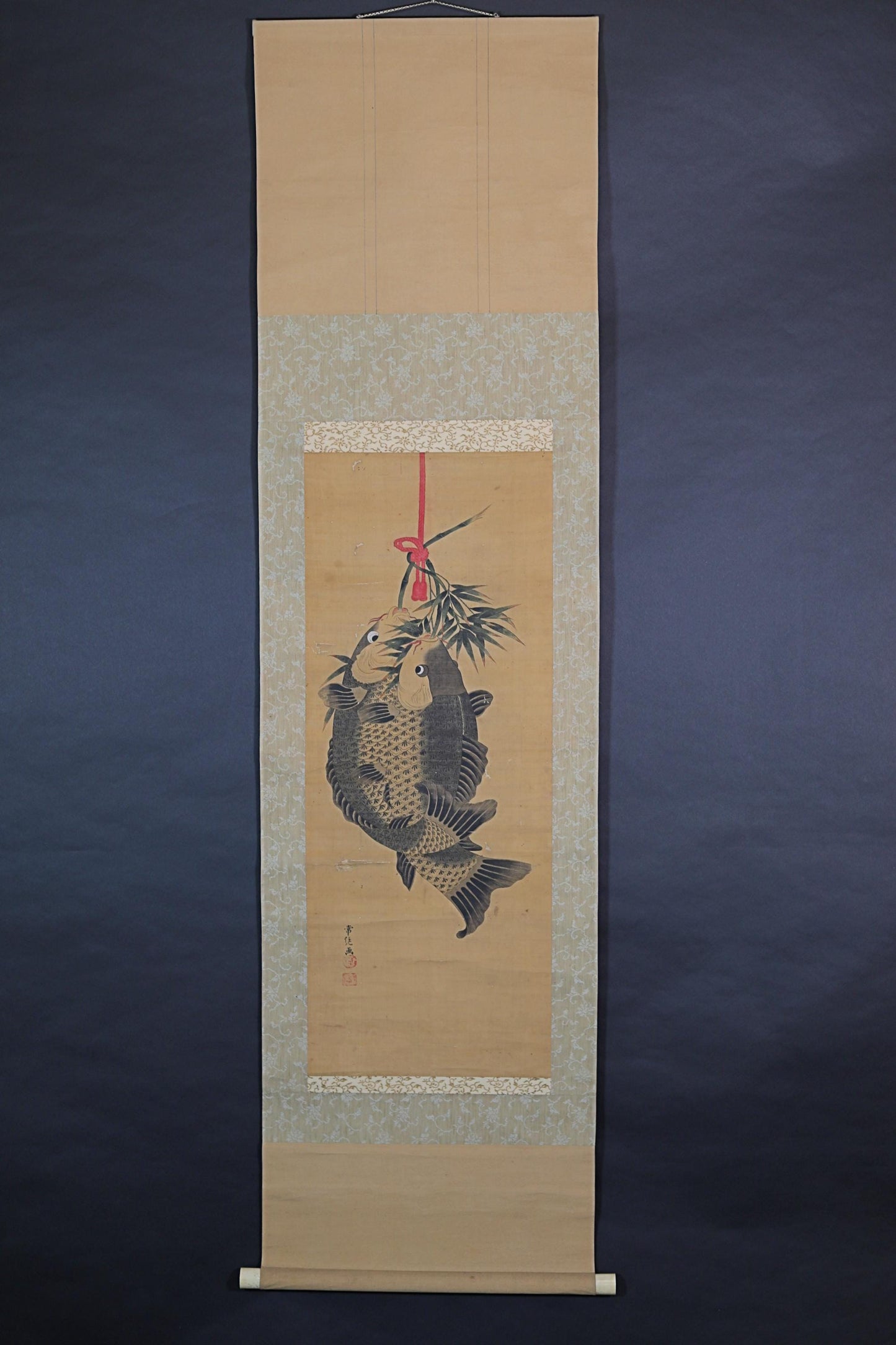 FINE! Japanese antique 1800s watercolor painting scroll fine painted fish carps, KAKEJIKU with signed seal H64.2in/H163cm