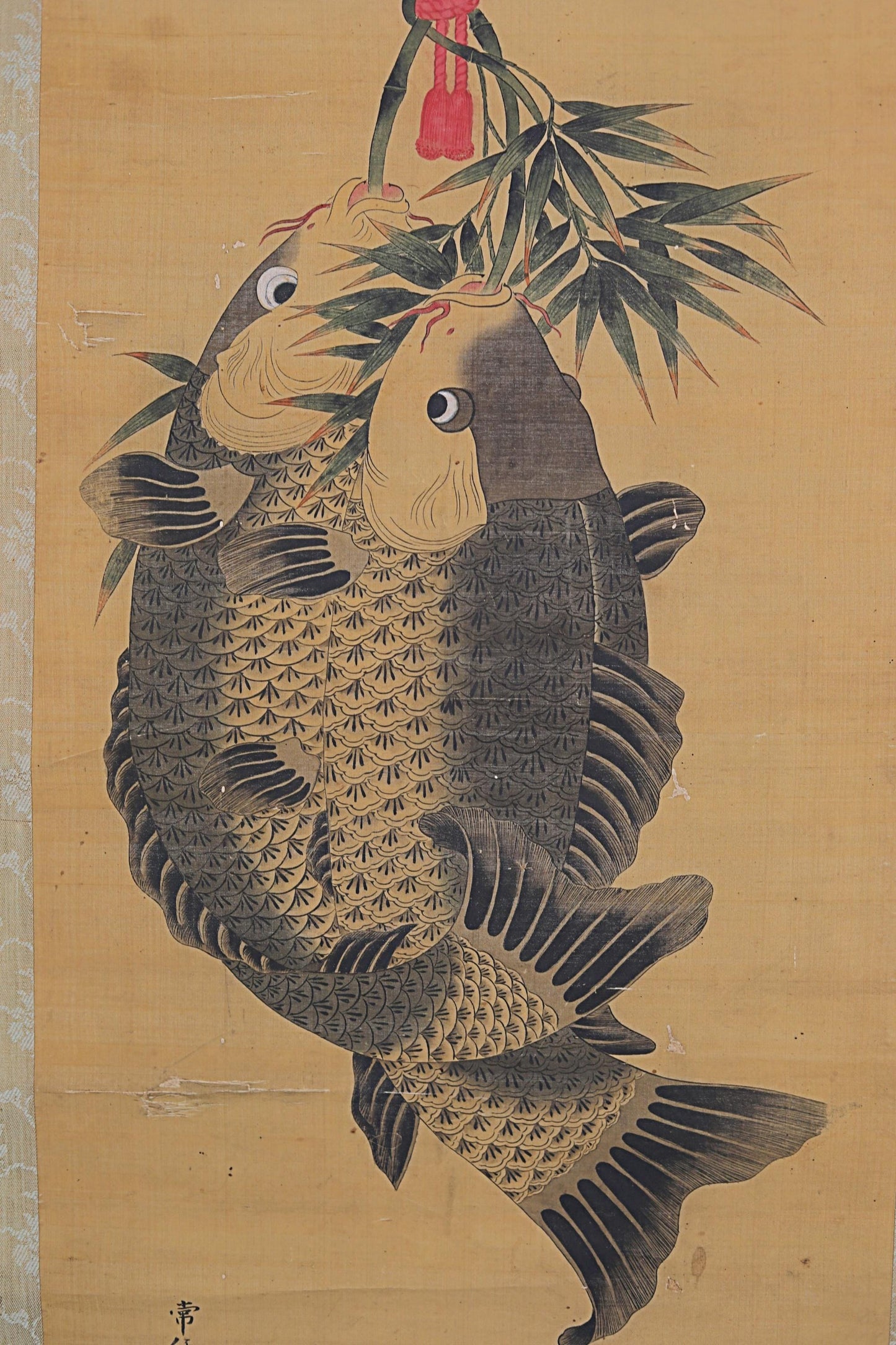 FINE! Japanese antique 1800s watercolor painting scroll fine painted fish carps, KAKEJIKU with signed seal H64.2in/H163cm