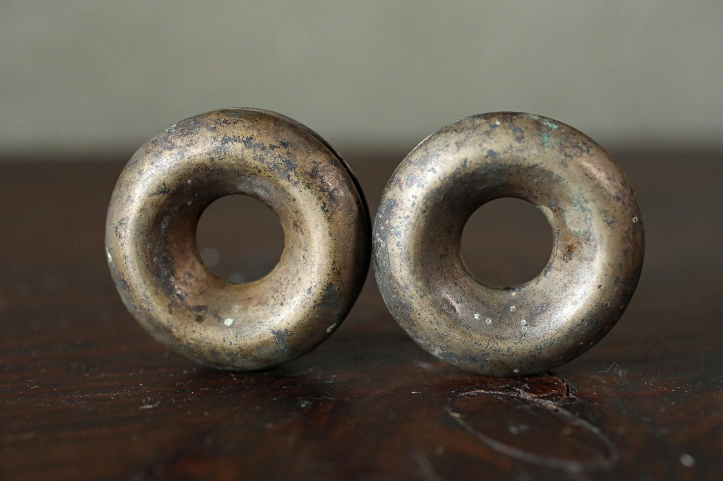 Pair of Japanese antique bronze Old small bells for horses ornament Suzu 1800s Metal craft Paper weight 2×0.7in/5×1.8cm