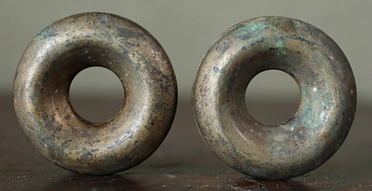 Pair of Japanese antique bronze Old small bells for horses ornament Suzu 1800s Metal craft Paper weight 2×0.7in/5×1.8cm