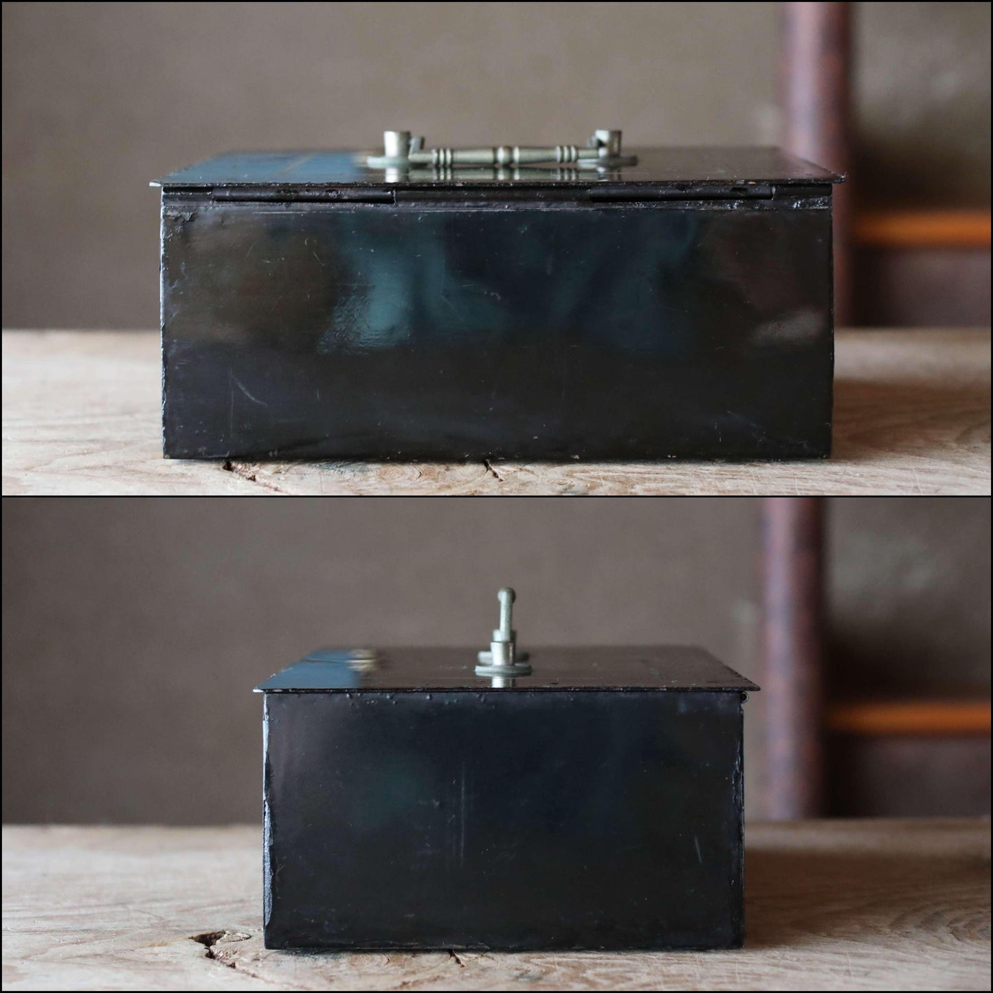 Ching ! Japanese vintage old metal Black cash box, iron cabinet, money box with arabesque painting, with a key 1900s H4.7×W10.6in/12x27cm