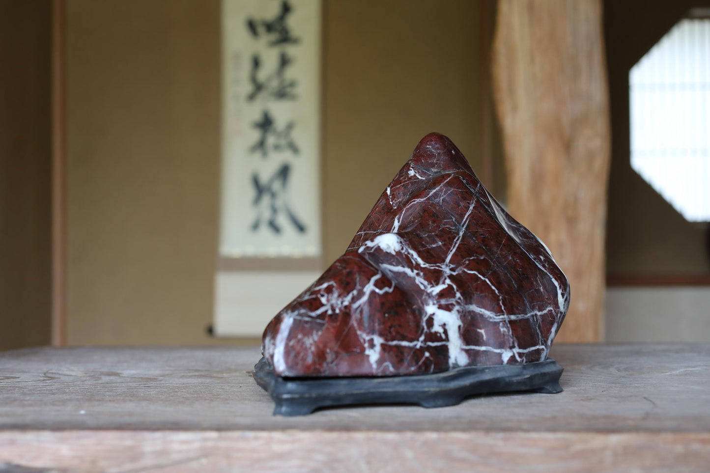 BIG! Japanese old "SUISEKI", scholars stone, indoor viewing stone, mountain shaped, with a hand carved pedestal,H7.9×W25in