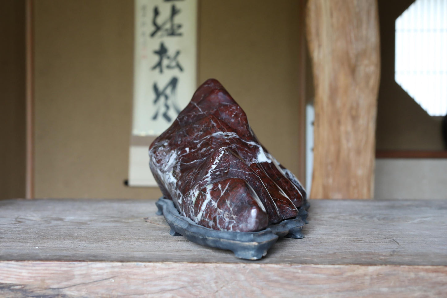 BIG! Japanese old "SUISEKI", scholars stone, indoor viewing stone, mountain shaped, with a hand carved pedestal,H7.9×W25in