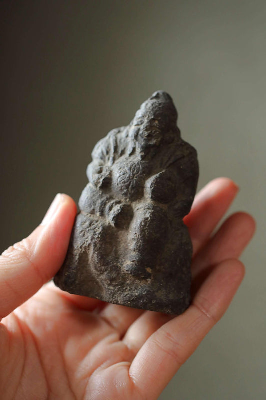 Japanese antique 1800s soot-stained pottery doll, god statue, name Ebisu, the Seven Lucky Gods,  Edo handmade craft H3in/7.5cm