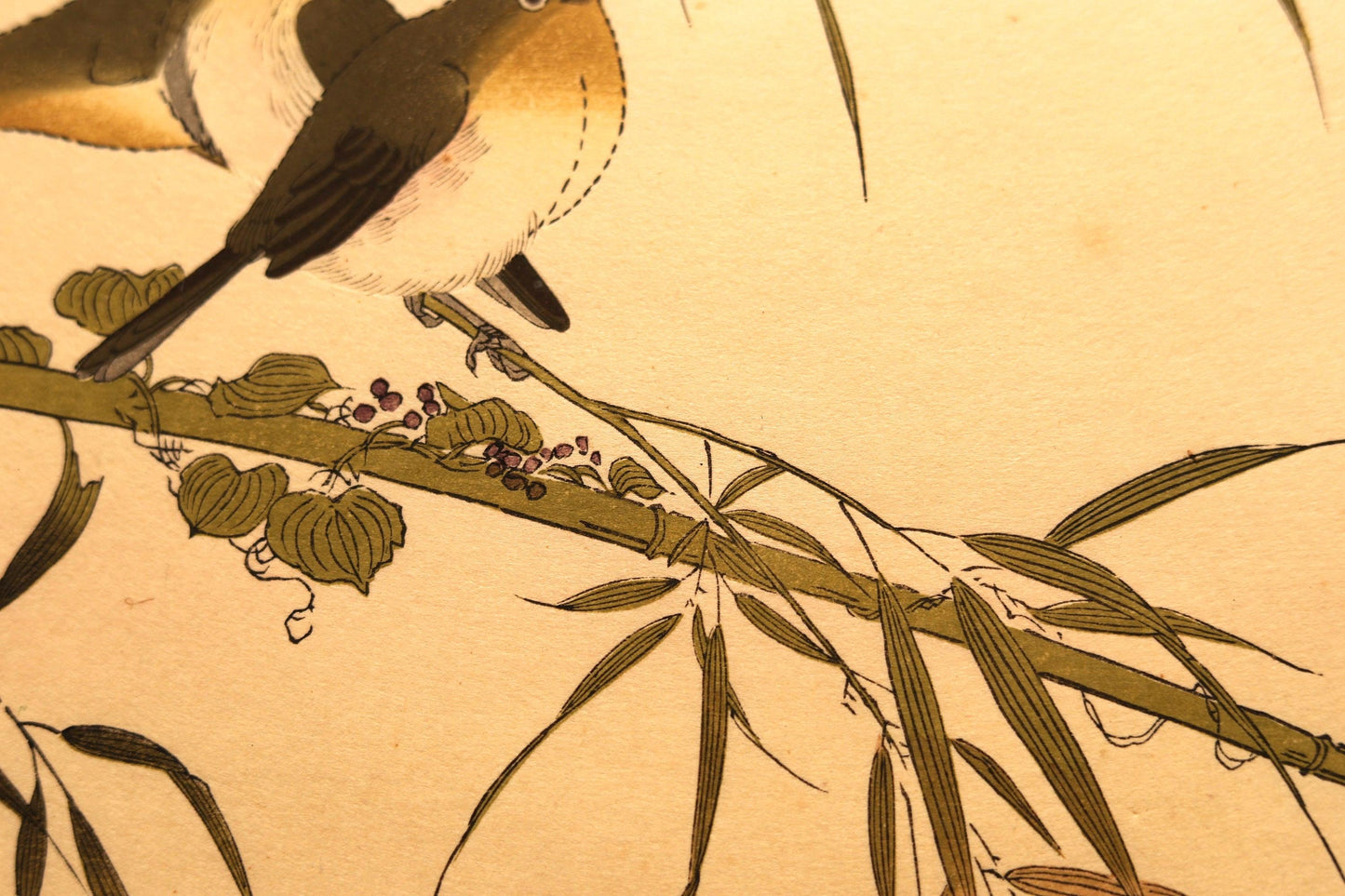 Japanese vintage art of birds white-eye, Long-tailed and Kanji calligraphy poem ,block printing with flame, wall deco picture H16.3×W21.1in