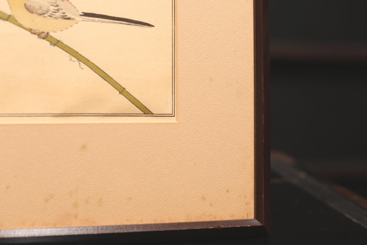 Japanese vintage art of birds white-eye, Long-tailed and Kanji calligraphy poem ,block printing with flame, wall deco picture H16.3×W21.1in