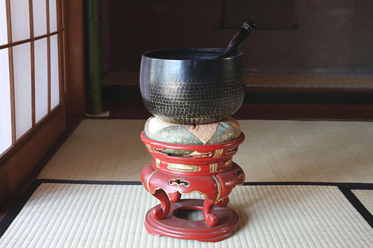 FINE! Japanese antique Bronze buddhist chanting bell with sign妙龍, Singing Bowl, ORIN Buddhist with wooden stand cushions stick W9.1in/W23cm