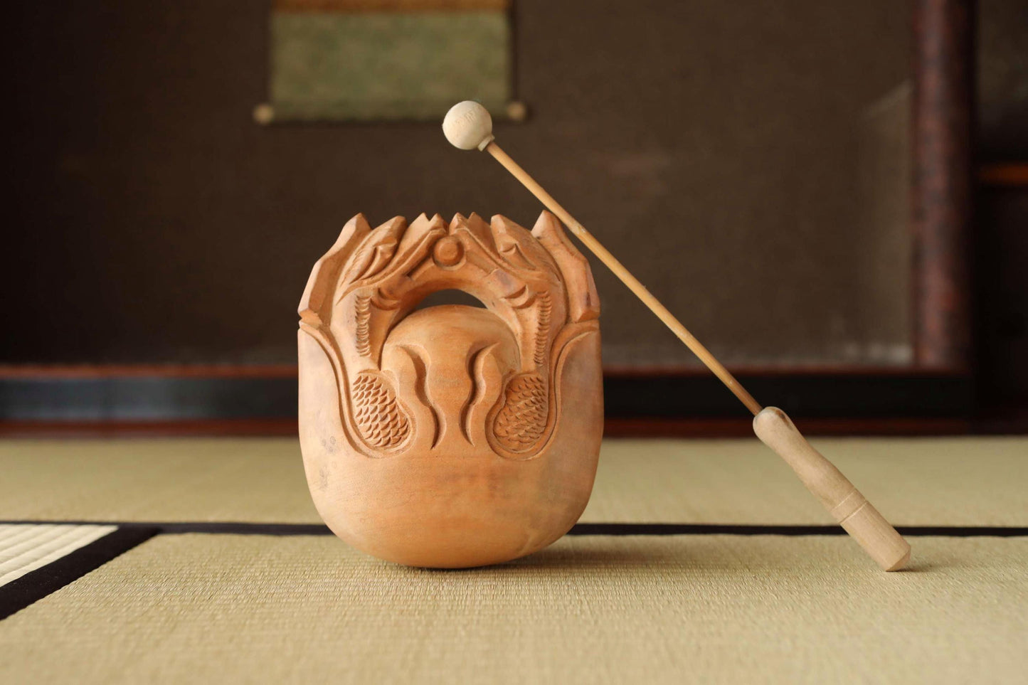 Wooden Fish drum gong"mokugyo" Buddhist instrument for sutra and meditation with stick, Japanese Antique Chanting Musical Drum H7.1in/H18cm